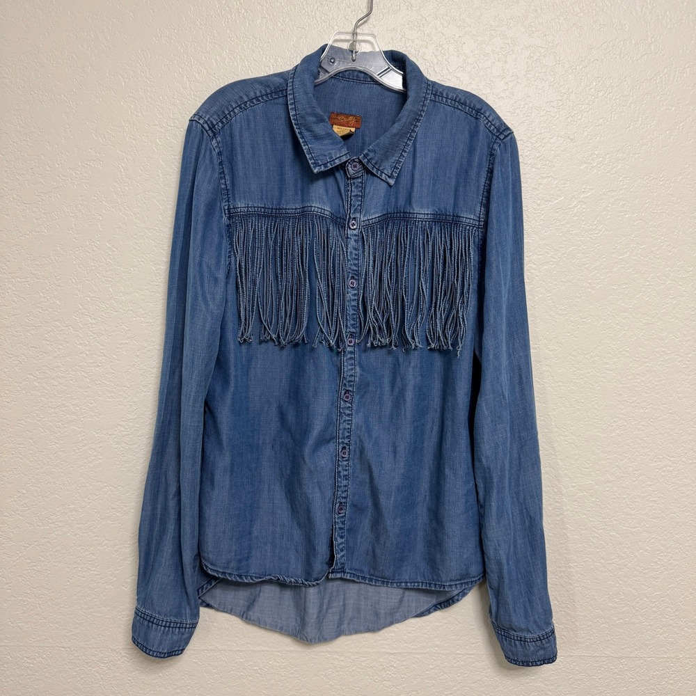 Scully Fringe Shirt Womens Large Blue Tencel Western Cowgirl Boho Button Up